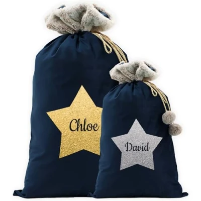 Image of Print Maniacs Personalised Santa Stocking Sack with Luxury Fur Trim Large Bag Star and Name, Ideal for Holiday Decor Gifts