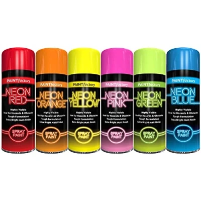 Image of Classic Signature 6 x Fluorescent Bright Neon Spray Paint Multipurpose Aerosol DIY Graffiti (Banksey) N0 CFCs Extra Assorted Colours Blue Green Orange Pink Yellow Red 200ml D4