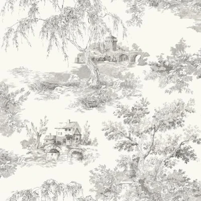 Image of Grandeco French Vintage Toile Trees Smooth Wallpaper, Grey
