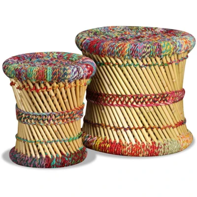 Image of vidaXL Stools with Chindi Details 2 pcs Multicolour Bamboo
