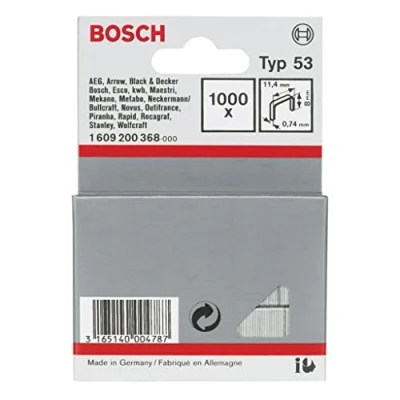Image of Bosch Professional 1000x Fine Wire Staple Type 53 (Natural Materials, Textiles, Carton, 11.4 x 0.74 8 mm, Accessories Tacker, Gun)