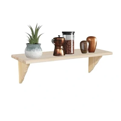 Image of HOMION Natural Wood Wooden Shelf Storage Unit Kit &amp; Fitting Wall Mounted Home Kitchen Office Corner Shelves (89 x 19 cm)