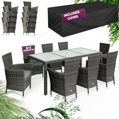 Image of CASARIA® 8+1 Polyrattan Garden Dining Furniture Set with Weatherproof Cover &amp; Seat Cushions 8 Person Patio Seating Group Stackable Chairs 190x90cm Table Frosted Glass Top Grey