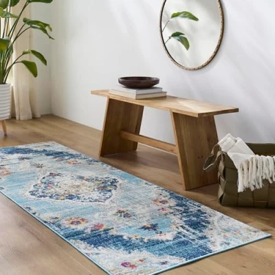 Image of Livabliss Palma Vintage Rug Runner Rugs Living Room 80x220 cm, Hallway, Kitchen Area Traditional Multicoloured Boho Rug, Easy Care Bohemian Large Blue, Fuchsia, Mustard