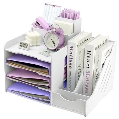 Image of Letter Tray Organiser, A4 Paper Filing Trays, 4 Tier Office File Tray, Desk Tidy Organizer with Stackable Pen Holder (White)