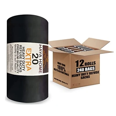 Image of Haya Home 240 EXTRA LARGE Heavy Duty Bin Bags 100L Black Plastic Liners 45 μm Refuse Sacks Ultra Strong Waste Dustbin for Kitchen Office DIY Garden Use 100% Recycled Material