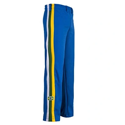 Image of JL Sport Authentic Brazilian Capoeira Martial Arts Men&#039;s Trousers (Blue with Brazil National Colors Along Vertical Leg Stripes) M