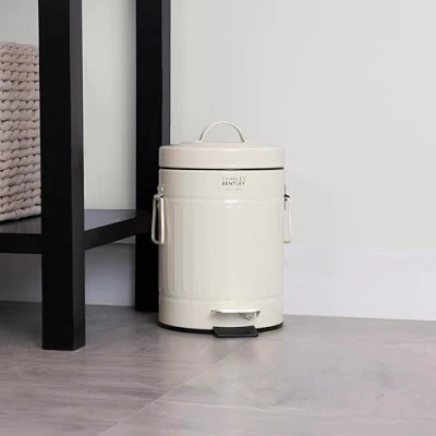 Image of CHARLES BENTLEY Kitchen Bin, 3 Litre, Cream, Retro, Steel, Waste, Rubbish, Kitchen, Bathroom, Mini, Pedal Handles for Easy Lifting, Inner Bucket Emptying, Convenient, Light (30x17cm)