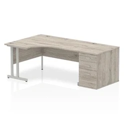 Image of Impulse 1600mm Left Crescent Desk Grey Oak Silver Leg + High Ped