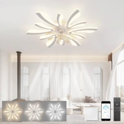 Image of LJX Ceiling Fans with Lights and Remote Control Silent DC Modern Lamps Timer Dimmable Reversible for Bedroom Lounge Kitchen Chandelier Fan Led, White