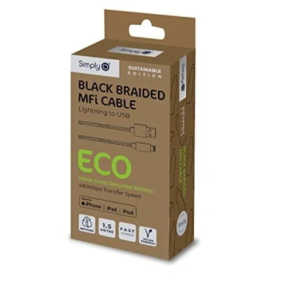 Image of Simply ECO005 Apple Approved USB to iPhone Lightning Braided Black Eco Friendly 1.5m Charging Cable for