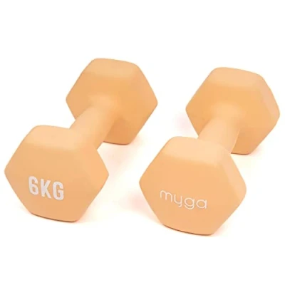 Image of MYGA Hex Dumbbells Pair of Neoprene &amp; Cast Iron Hexagonal Dumbbell Hand Weights for Women and Men at Home Gym Weight: 6 kg