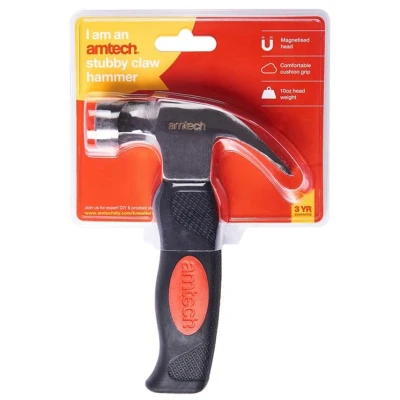 Image of Amtech A0200B Magnetic Stubby Hammer 10oz Mini with Cushion Grip, Claw Hammer, Perfect for Pulling Nails, Silver, Black, 14.5cm x 21.5cm 3.5cm