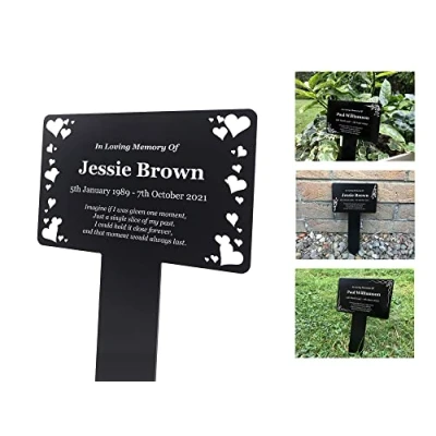 Image of Personalised Black &amp; White Memorial Plaque, Ground Stake, Grave Marker for Cemetery or Garden Tribute Remembering Loved Ones Family Pets (Custom)