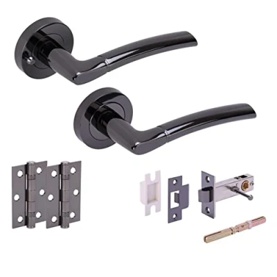 Image of HANDLEZONE® Nemo Privacy Door Handle Latch Pack, Complete with Lever On Rose Handles, Latch, Ball Bearing Hinges Black Nickel
