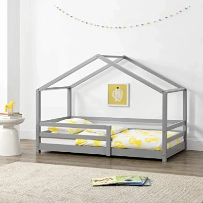 Image of [en.casa] Children&#039;s bed Knätten House Floor 90 x 200 cm wooden for children with fall out protection pine wood frame slatted Light grey