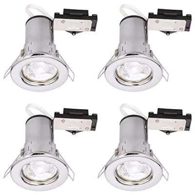 Image of LITECRAFT Recessed Downlight Fire Rated Fixed Spotlight with LED Bulbs in Polished Chrome 4 Pack