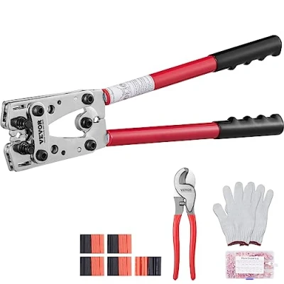 Image of VEVOR Battery Cable Lug Crimping Tool, 10 1/0AWG with Cutter and 95PCS Copper Ring Terminals, 6 Wire Sizes Die 100pcs Heat Shrink Tubes, for Heavy Duty Lugs