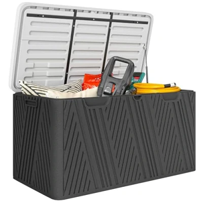Image of Outsunny 380L Garden Storage Box Outdoor Waterproof with Lockable Lid and Moulded Handles, Double Layer Wood Effect HDPE Deck Box, 115 x 60 cm