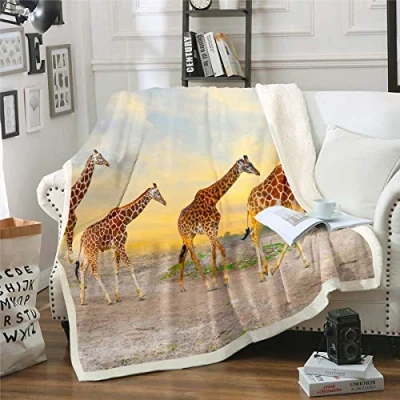 Image of Giraffe Fleece Throw Blanket Wild Animal Theme Plush for Sofa Couch Bed Wildlife Design Sherpa Cute 3D Giraffes Warm Fuzzy Room Decor Double 60&quot;x79&quot;
