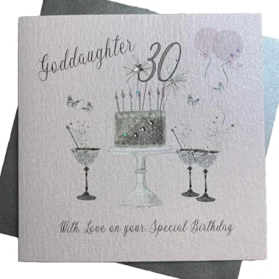 Image of Happy 30th Birthday Card Goddaughter Champagne Glasses Pink Roses by White Cotton Cards SS42 GODD30