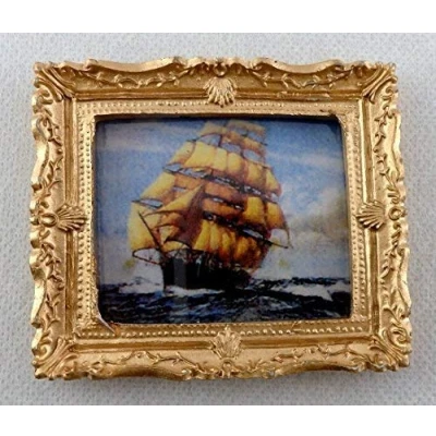 Image of Melody Jane Dolls House Miniature Clipper at Sea Picture Painting Gold Frame
