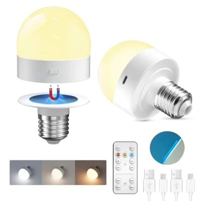 Image of TobeBright E27 Rechargeable Light Bulb, Battery Powered Bulbs 3 Colour Temperatures Dimmable with Remote Control, Magnetic LED for Non Hardwired Lamps, Table Bedside(2 Pack)
