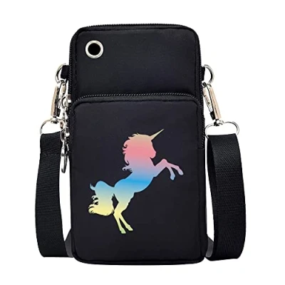 Image of FINDING CASE Color Printed Women Girls men Zipper Waterproof Nylon 3 Layers Crossbody Bags Wallet Cellphone Purse Shoulder Bag Wristlet Handbags Adjustable Strap (Unicorn)