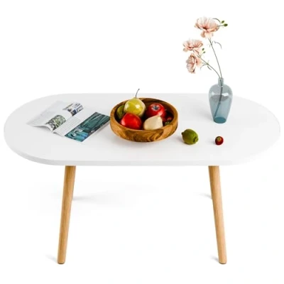Image of Qiebenav Low Oval Coffee Table,Solid Table Legs, Mid Century Modern Tables, Centre for Living Room, Tea Table, Side Room,Small Space, 100x 47 x 42cm White