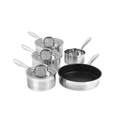 Image of Salter BW06746 Timeless 5 Piece Pan Set Induction Hob Cooking Pots, Stainless Steel Cookware, 16, 18, 20 cm Saucepans, Milk And 24cm Frying Pan, Includes Tempered Glass Lids, Easy Grip Handles