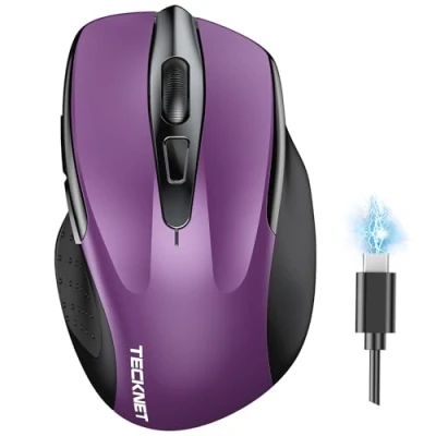 Image of TECKNET Bluetooth Mouse, Rechargeable Wireless Mouse(Tri Mode: BT 5.0/3.0+2.4G), 4800DPI Adjustable, Silent Ergonomic Mouse for Laptop PC Computer, Windows Mac OS,6 Buttons (Purple)