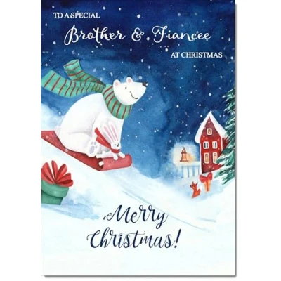 Image of doodlecards Brother and Fiancee Christmas Card Bear on Sled Medium Size for &amp; with Plain Envelope