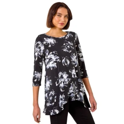 Image of Roman Originals Hanky Hem Tunic Top for Women UK Ladies Longline Blouse Asymmetric Hemline Casual Slouch Loose 3/4 Sleeves Round Neck Relaxed Comfortable Holiday Noir Size 12