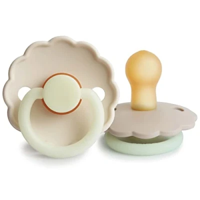 Image of FRIGG Daisy Latex Pacifier Pack of 2 Natural Rubber Soother Dummy BPA Free Made in Denmark Symmetrical Cherry Shaped Nipple (Cream Night/Croissant Night, Size 1 (0 6 Months))