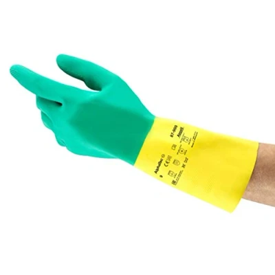 Image of Ansell AlphaTec 87 900 Multi Purpose Work Gloves, Chemical Resistant, Durable Design, Strong Grip, Cotton Flocked, Industrial Safety Glove in Latex, Men Women, Green, Size 2XL (12 Pairs)