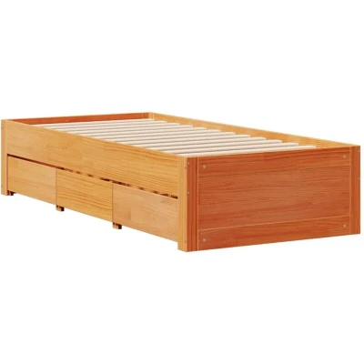 Image of vidaXL Bed Frame without Mattress with Drawers Wax Brown 75x190 cm Small Single Solid Wood Pine