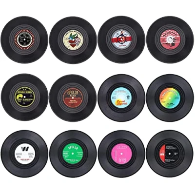 Image of Litensh 12pcs Retro CD Vinyl Record Coasters, Non Slip Rubber Drink Mats Coaster Insulated Round Tea Coffee Cup Drinks r (M3 Pattern 12PCS)