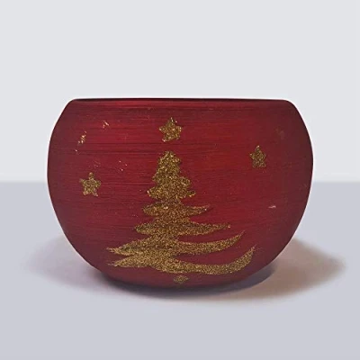Image of Fargro Decorative Ceramic Festive Christmas Curved Red Planter Pot Bowl with Gold Tree
