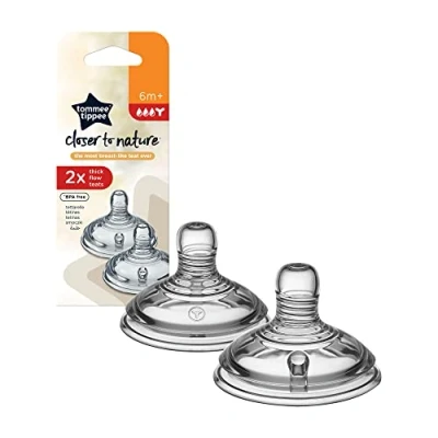 Image of Tommee Tippee Closer to Nature Baby Bottle Teats, Breast Like, Anti Colic Valve, Soft Silicone, Thick Flow, 6m+, Pack of 2