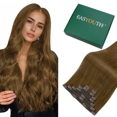 Image of Easyouth Brown Clip in Human Hair Extensions Medium Double Weft Real Long Straight for Party 22 Inch 120g 7Pcs #4