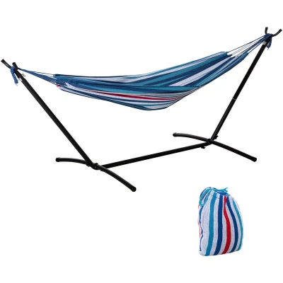 Image of Outsunny 294 x 117cm Hammock with Stand Camping Portable Carrying Bag, Adjustable Height, 120kg Load Capacity, White Stripe