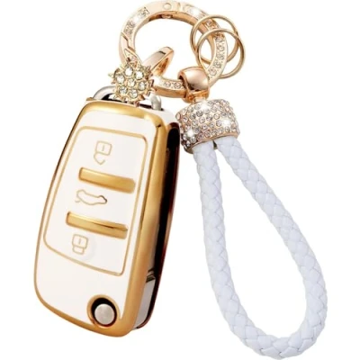 Image of White Car Key Fob Cover Case with Keychain Compatible Audi A1 S1 A3 S3 RS3 A4 S4 RS4 A6 S6 RS6 Q2 Q3 Q7 TT TTS R8 Shell Protector for 3 Button Flip