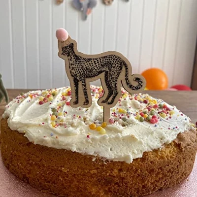 Image of Wooden Cheetah Animal Cake Topper, Childrens Birthday Party Decoration, Christening Jungle Safari