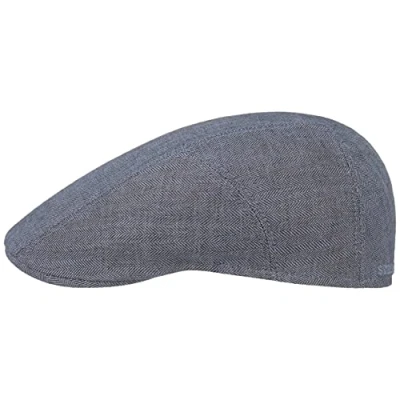 Image of Stetson Herringbone Linen Flat Cap Men Made in The EU hat Ivy with Peak, Lining Summer Spring 57 cm Blue