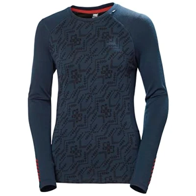 Image of Helly Hansen Women&#039;s W Lifa Merino Midw Gra Crew Shirt, Navy Deco Flower, XL UK