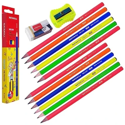 Image of Nataraj NEON Handwriting HB Pencils, Pack of 12, Rubber Tipped Sharpener, Hexagonal, BLACK Bonded Lead, Perfect for School Home Everyday Use