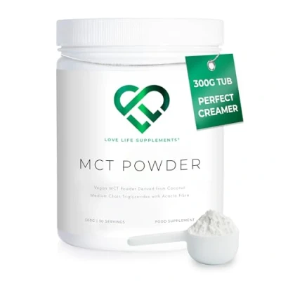 Image of MCT Powder by LLS, 300g 30 Servings, 100% from Coconuts, Oil High in Healthy Fats and Acacia Fibre, 0g Carbs, Perfect for Keto Diet, Completely Vegan, Lab Tested Love Life Supplements
