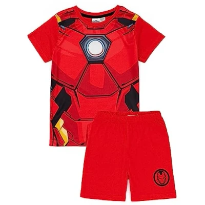 Image of Marvel Iron Man Boys Pyjama Set Kids T Shirt and Shorts PJs Bundle Powerful Red Suit Nightwear Costume Complete Superhero Pajamas for Children Cosy Loungewear