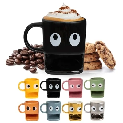 Image of FISURA Original Gift Mug Eyes Black with Biscuit Compartment Ceramic Space for Biscuits Capacity 240ml Stylish Design