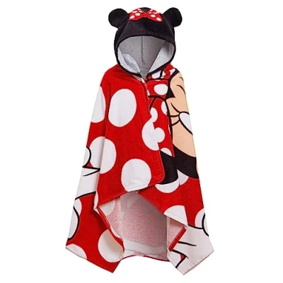 Image of Disney Minnie Mouse Hooded Towel 100% Cotton Girls Poncho Kids Beach Bath Swimming Wrap Changing Robe